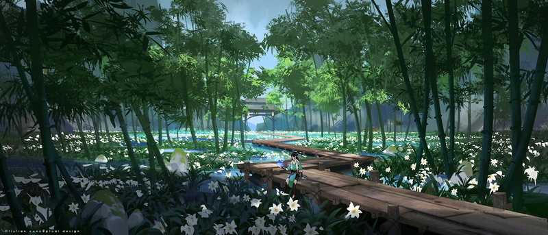 digital art, landscape, 1080P, bamboo, flowers, fantasy art, G liulian