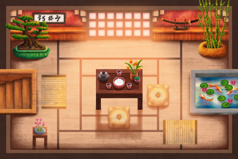 art, patio, katana, bamboo, pond, Brett Stebbins, Interior Concept Art, 1080P