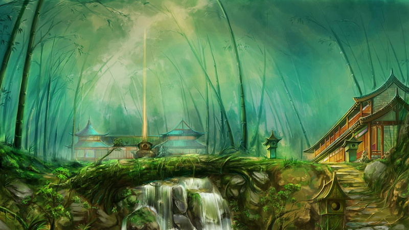 a beam of light, nature, зеленоватая дымка, ray of light, greenish haze, home, 1080P, houses, buildings, fantasy art, bamboo, figure, structure