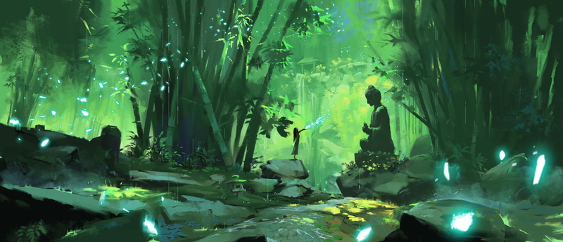 digital art, 1080P, Aze K, forest, landscape, bamboo, Asian architecture, statue