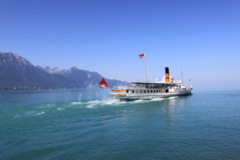 alps, beauty in nature, swiss, lac leman, flag, travel destinations, clear sky, sailing vessel, heaven, boat, montreux, evianm, day, travel, outdoors, lake