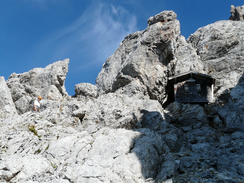 Hut, formation, ellmauer halt, climbing, built structure, kaiser mountains, outdoors, sky, day, no people, mountain hut, sunlight, wilderkaiser, rock - object
