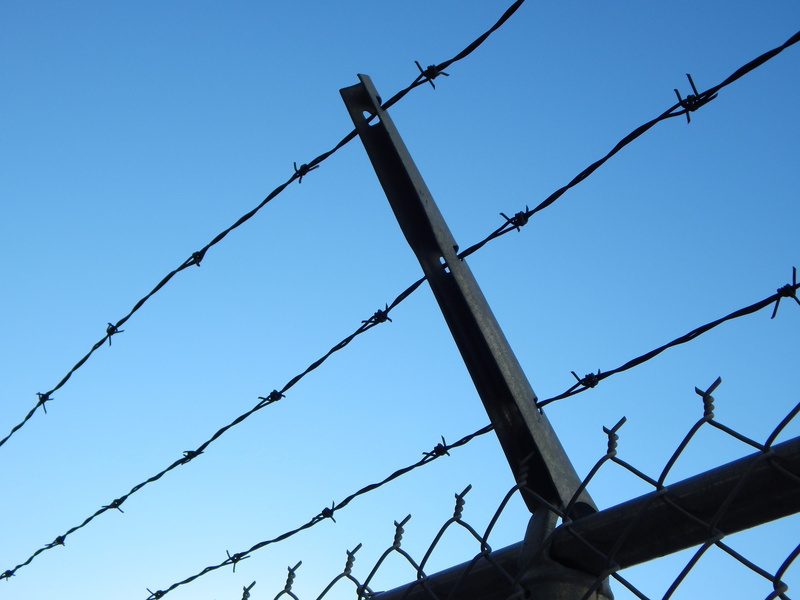 border, forbidden, sky, enclosure, jail, barbed wire, warning sign, chainlink fence, guard, wire, iron, 4K, danger, blue, barbed, exclusion, low angle view