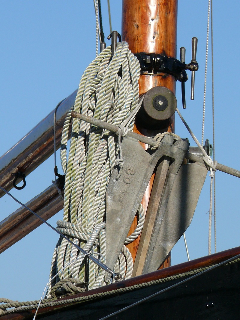 low angle view, metal, wood, sailing, connection, sea, sailing vessel, former, maritime, rope, mode of transportation, wharf, pulley, port, marine, tied up