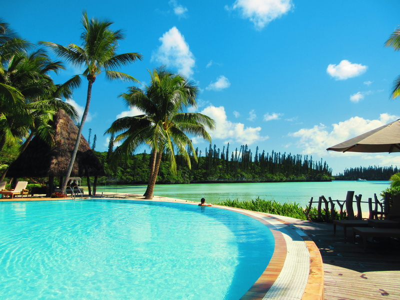 pool, beauty in nature, poolside, tropical climate, holiday, infinity pool, hotel, lagoon, tourist resort, palm tree, sky, new caledonia, plam tree, tropical