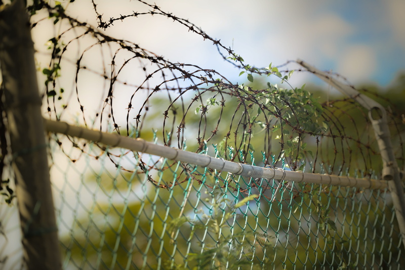 outdoors, fence, chainlink fence, defense, gray, arrest, close-up, security, punishment, barrier, border, barbwire, 5K, metal, green, razor wire, protection