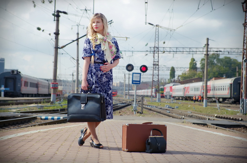 locomotive, diesel locomotive, vintage, young adult, railroad station platform, blue, motion, women, retro, sleeved, interchange, railroad track, real people