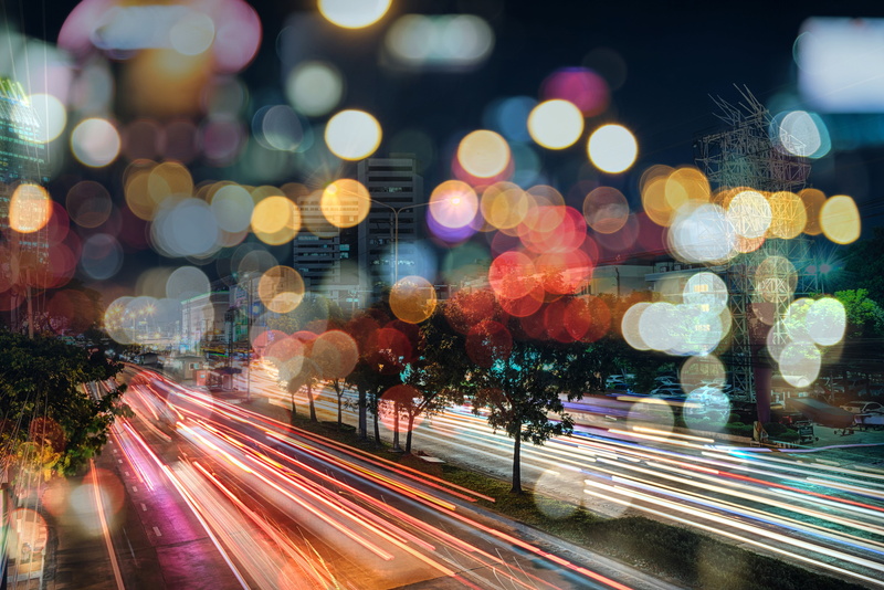 feel of speed, strip lights, markup, road, night, separated by alley, 5K, skyscrapers, blur, the city, line speed, cars, excerpt, ., bokeh, colored lights