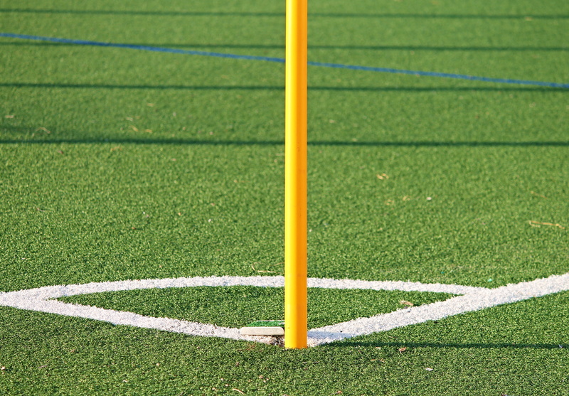 green color, post, field, soccer field, pose, artificial turf, land, yellow, rush, grass, outdoor, day, team sport, football meadow, absence, high angle view