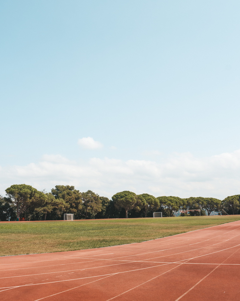 copy space, track, day, playing field, blue, competition, cloud - sky, field, nature, yard line - sport, sky, sport, plant, land, absence, track and field
