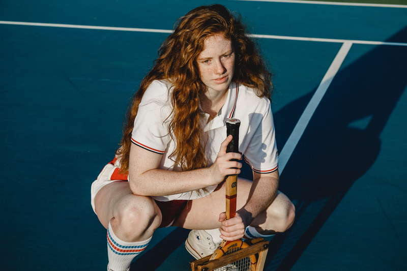 lifestyles, young adult, looking, tennis court, freckle, standing, tennis racket, converse, outdoors, holding, player, adult, retro, hair, leisure activity