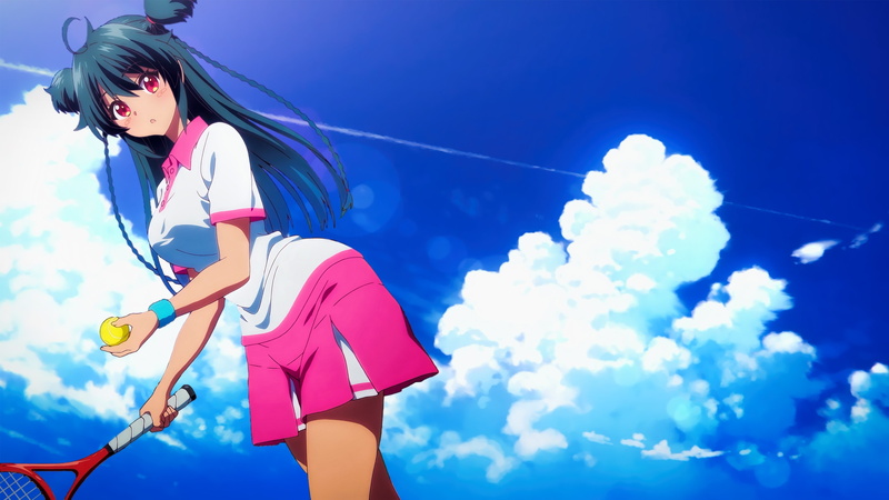 blue hair, anime girls, skirt, Ruru, 4K, red eyes, Musaigen no Phantom World, long hair, tennis rackets, tennis balls