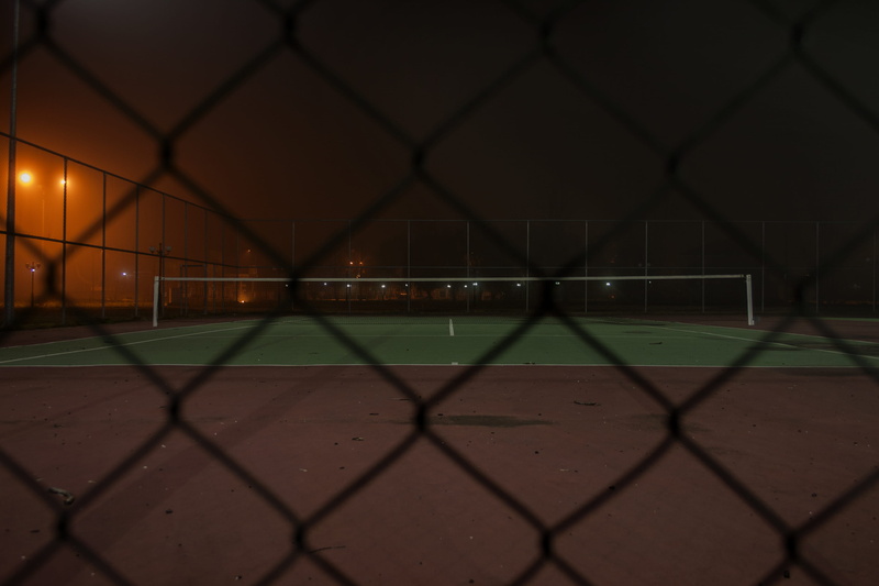 chainlink fence, boundary, football, absence, net, barrier, fence, field, outdoors, dark, soccer goal, illuminated, quite, night, grass, tennis court, net - sports equipment