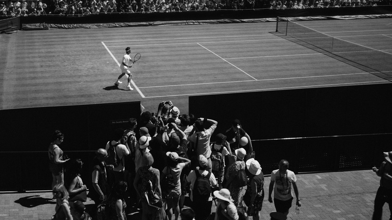 high angle view, stadium, person, field, adult, leisure activity, bandw, tennis, monochrome, paparazzi, roger federer, outdoors, noir et blanc, sportsman