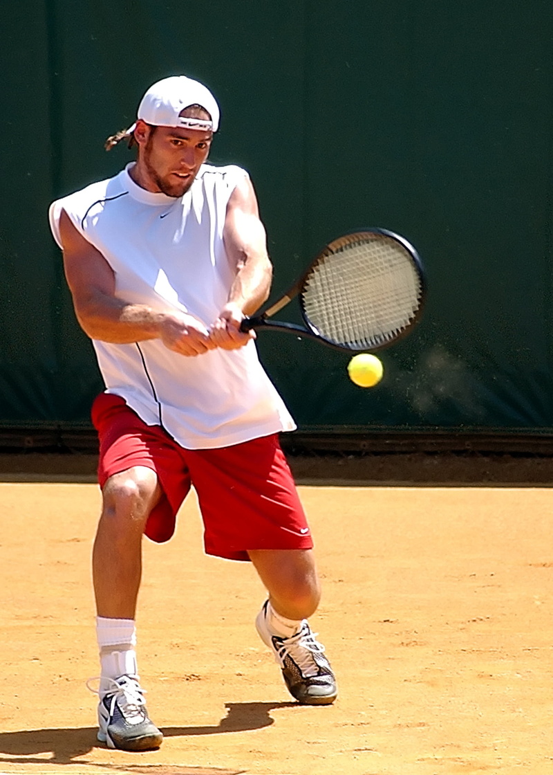 player, playing, ball, competition, court, hitting, tennis racket, racket, clothing, men, tennis, man, sports clothing, males, sport, summer, leisure activity