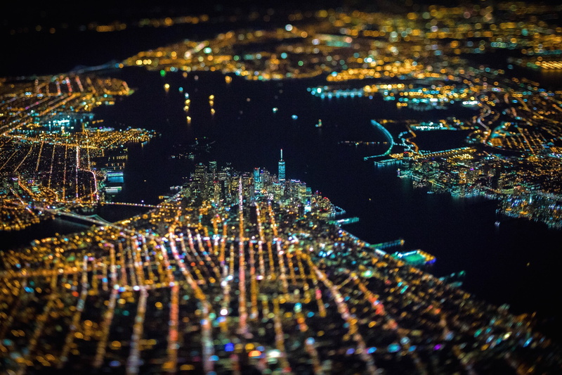 city, USA, bokeh, lights, New York City, night, tilt shift, aerial view, cityscape, 2K