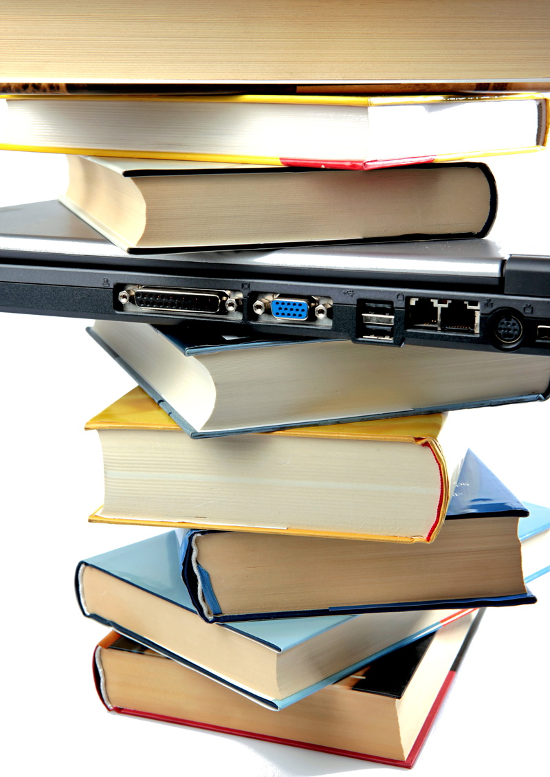studio shot, white background, used books, large group of objects, education, stacked, laptop, no people, high angle view, 5K, document, table, paperwork
