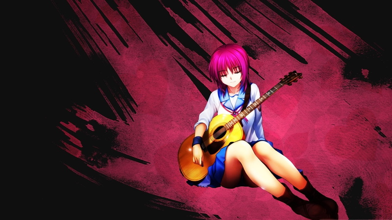 school uniform, sitting, real people, 720P, women, females, music, Iwasawa Masami, anime girls, dyed hair, Angel Beats!, playing, anime, musical equipment