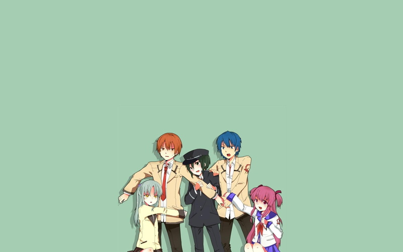 studio shot, people, standing, creativity, togetherness, girls, women, young adult, colored background, digital composite, Yui (Angel Beats!), emotion