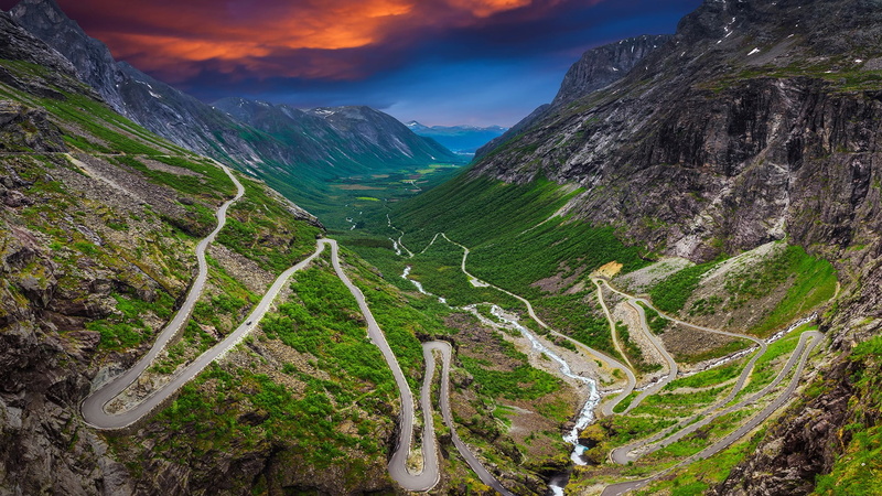 clouds, 1080P, mountains, rocks, valley, landscape, trees, sky, road, Norway, nature, far view, hairpin turns, Trollstigen, orange