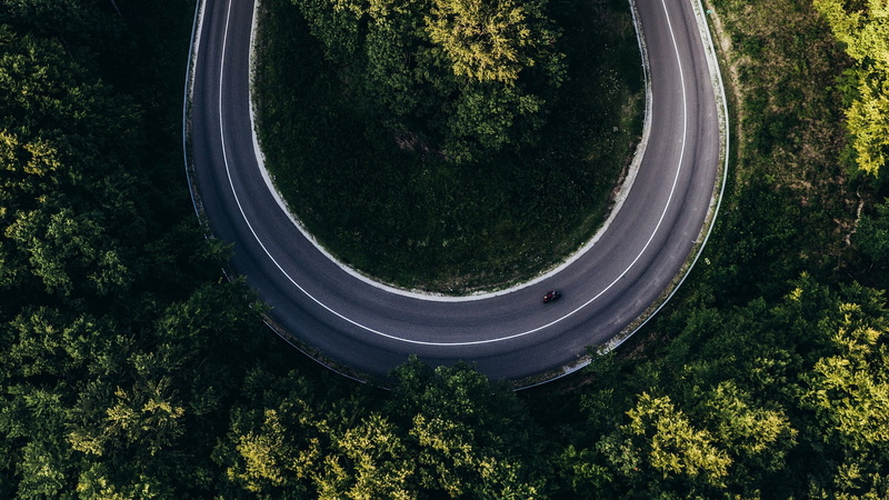 hairpin turns, birds eye view, road, nature, aerial view, trees, 1080P, forest