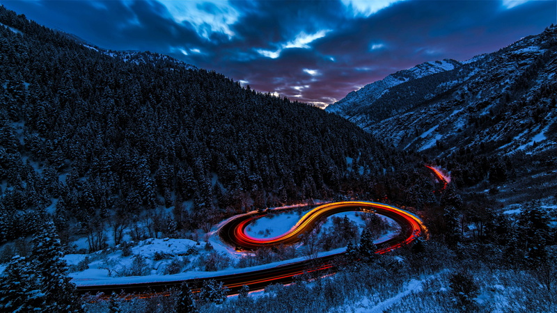 forest, landscape, nature, long exposure, road, hairpin turns, 5K, trees, snow, winter