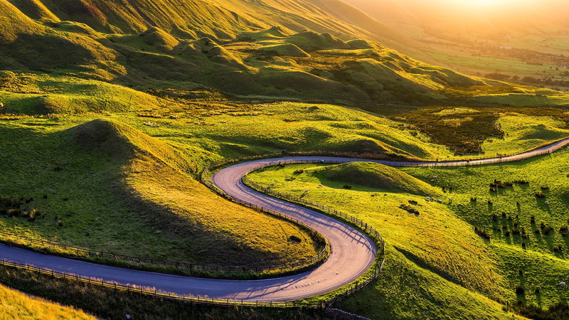 Edale Valley, nature, mountains, 1080P, sunrise, traffic barrier, road, hills, sheep, plants, hairpin turns, landscape, UK