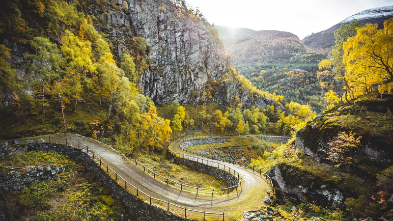 sunlight, mountains, nature, rocks, hairpin turns, landscape, Norway, road, 1080P, forest, trees, grass