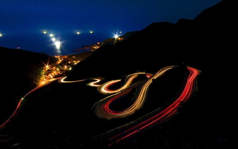 light - natural phenomenon, hairpin turns road night light trails, city, motion, no people, land, light painting, night, blurred motion, nature, light trail