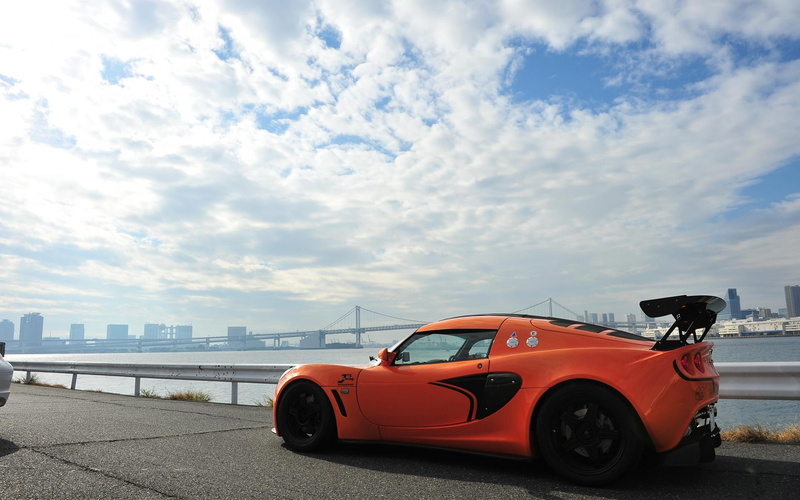guardrail, machine, lotus, clouds, sky, 1080P, orange, car
