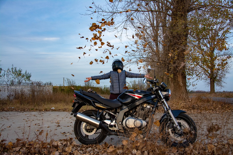 land, nature, land vehicle, tree, real people, biker, autumn, sky, lifestyle, lifestyles, full length, transportation, ride, plant, riding, day, casual clothing
