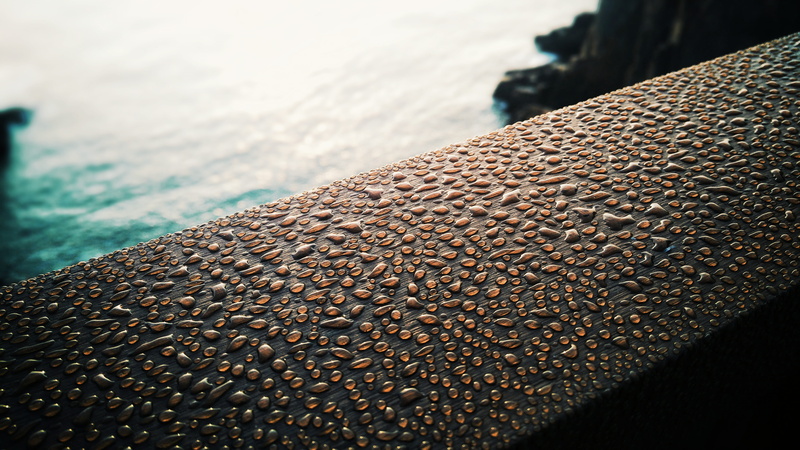 focus on foreground, land, water, metal, rusty, nature, beach, rod, no people, sea, Guardrail, outdoors, pattern, Macro, backgrounds, Dew, high angle view