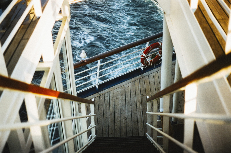 nature, lifesaver, staircase, nautical vessel, day, sailing, waves, boat, focus on background, guardrail, deck, no people, down, stairs, buoy, metal, water