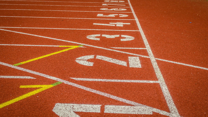 sports race, 2K, sports track, track, sport, athletics, red, 100 meters, starting line, high angle view, outdoors, dividing line, number, brown, full frame