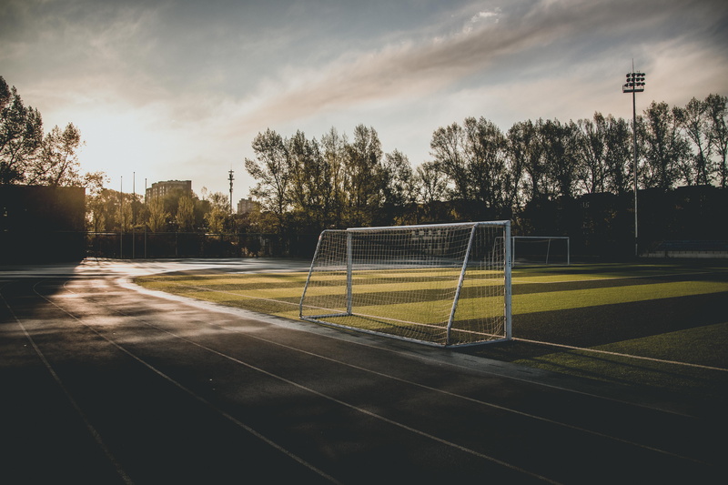 landscape, light, sky, playing field, travel, soccer, goal, absence, sports equipment, sport, grass, empty, outdoors, spotlights, asphalt, soccer goal