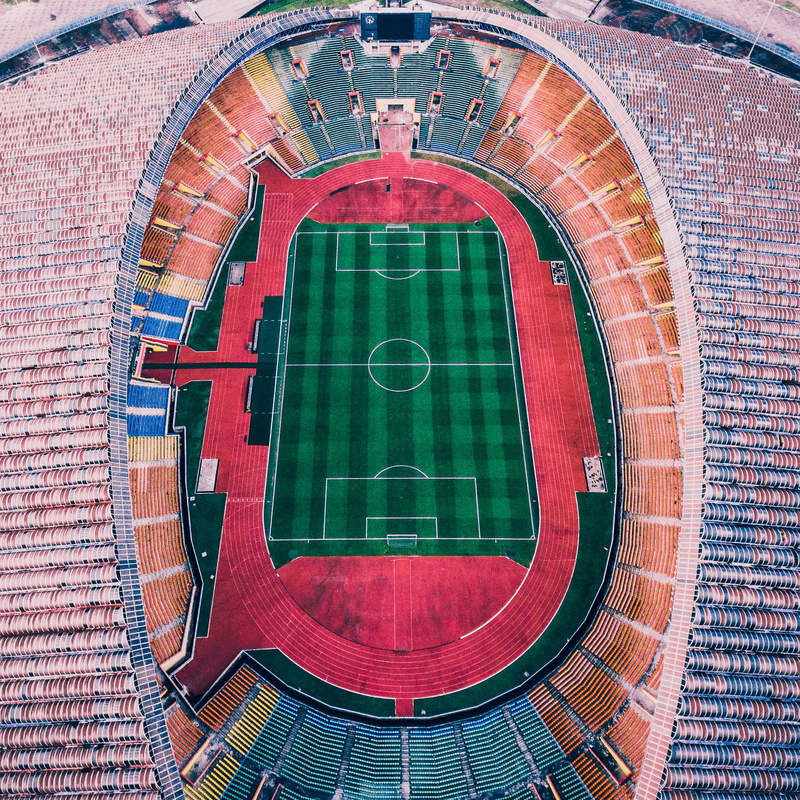 pattern, no people, outdoors, shape, brick wall, day, built structure, soccer, building exterior, stadium, arch, city, 1080P, high angle view, grass, building