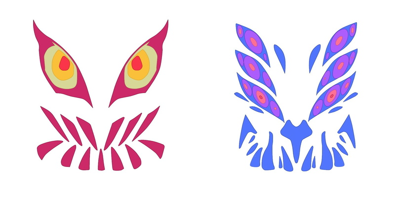 paintings, representation, creativity, close-up, group of objects, animal, purple, Kamui Junketsu, multi colored, fish, abstract, no people, Senketsu, animal representation