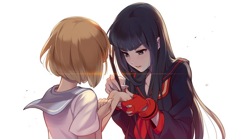 anime, costume, Kill la Kill, bangs, holding, people, female, Mankanshoku Mako, innocence, waist up, white background, women, child, two, portrait, leisure activity