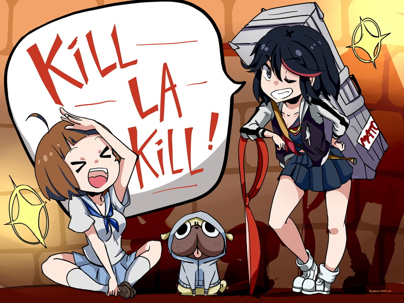 Mankanshoku Mako, holding, two people, indoors, text, communication, lifestyles, portrait, adult, people, real people, Matoi Ryuuko, Kill la Kill, art and craft
