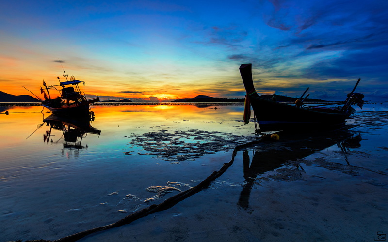4K, sunset, dusk, tail, sky, rawai, boat, desktop, beach, long, tambon, landscape, water, reflection, sandy, phuket, thailand, hd, red