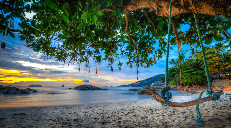 Thailand, 4K, trees, Phuket, sand, The Andaman sea, sea, coast, beach, Patong, bottle, swing, Andaman Sea
