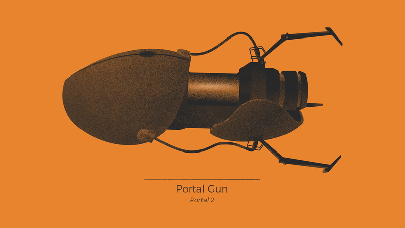 video games, still life, metal, close-up, Portal, single object, paper, steel, copy space, black color, orange background, Portal Gun, art and craft, 1080P