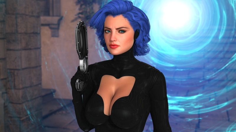 hairstyle, 8K, girl, gun, hair, fiction, costume, the portal, chest, blue hair