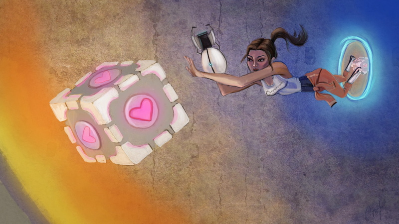 hd, companion, video games, painting, 1080P, cube, portal, female, chell, drawing