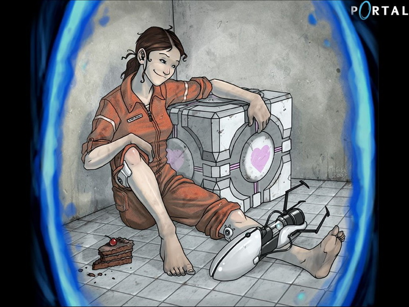 Chell (Portal), Companion Cube (Portal), woman, uniform, Portal (Video Game), 480P, orange, Portal