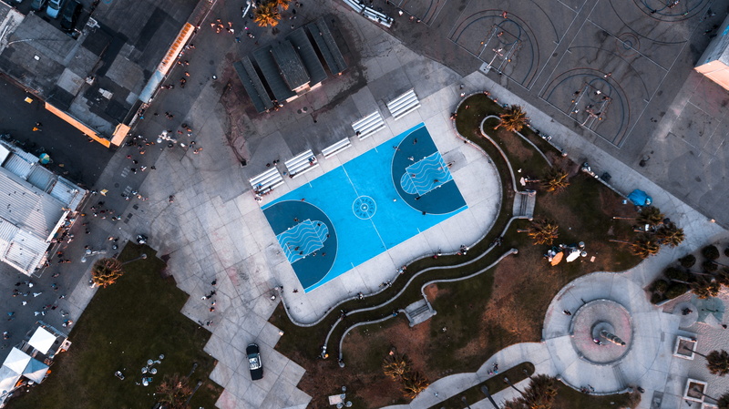 basketball, 2K, looking down, city, street, flying, cement, building, drone view, venice, aerial, swimming pool, los angeles, man made, drone, aerial View