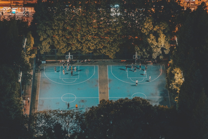 tree, city, green, from above, leafed, court, basketball court, 5K, sports, surrounded, bicycle, street, transportation, game, sunset, nature, foliage
