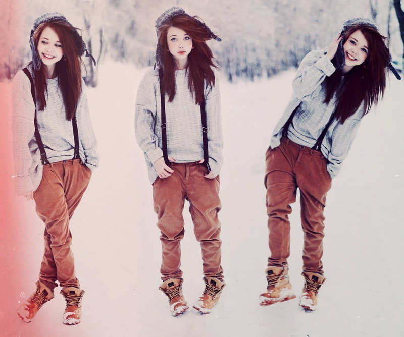 women, 480P, suspenders, snow, redhead