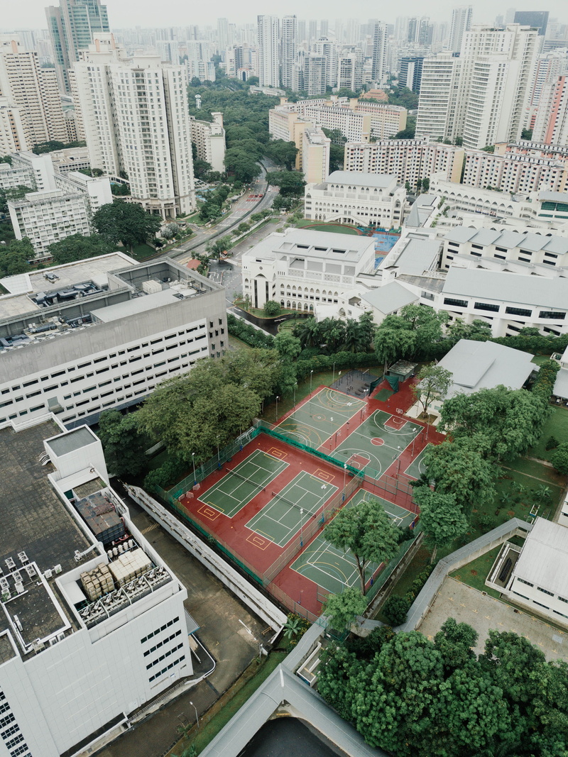 high angle view, transportation, scenery, apartment building, buildings, 4K, office building exterior, day, downtown, tennis, from above, sport, architecture