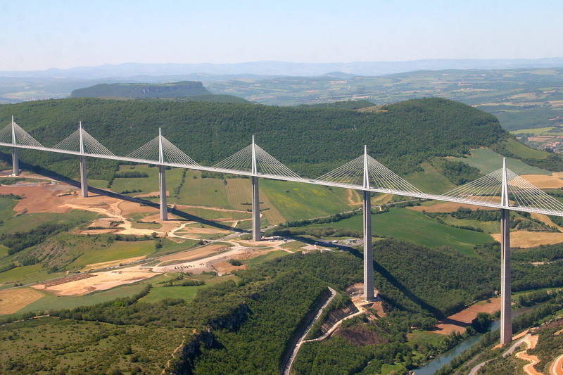 sky, outdoors, high angle view, 2K, day, bridge - man made structure, built structure, beauty in nature, no people, tranquility, transportation, millau